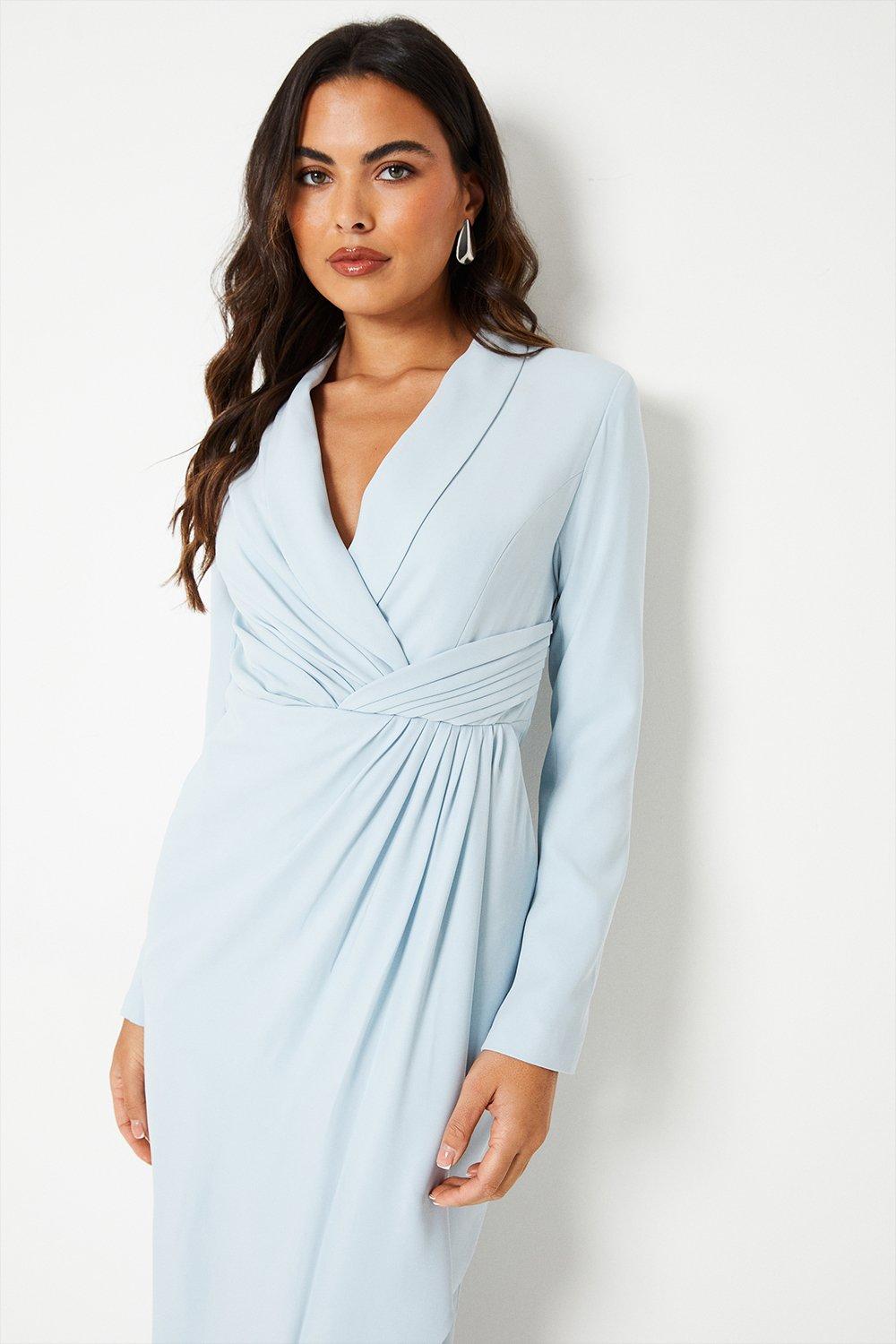 Crepe Wrap Tailored Dress - Light Blue